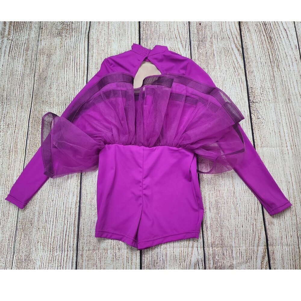 Balera Leotard LC Large/Child Pink Purple Shorts w/ Bustle High Neck Long Sleeve - Picture 6 of 11